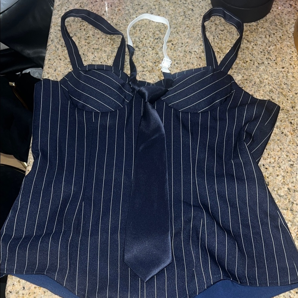 Navy Pinstripe Women's bodysuit with Tie
